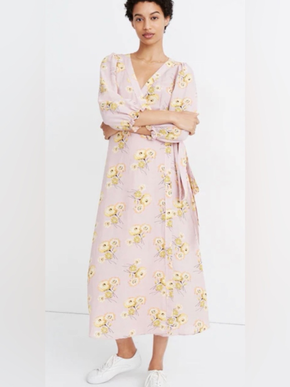 Madewell Linen Blend Floral Ruffle-Cuff Wrap Midi Dress XS Pink Cottagecore Boho